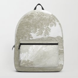 Hudson River and Catskills,  French Gray and Crisp White Backpack | Landscape, Trees, River, Bucolic, Hudsonriver, Frenchgray, Antique, Newyork, Graphicdesign, Etching 