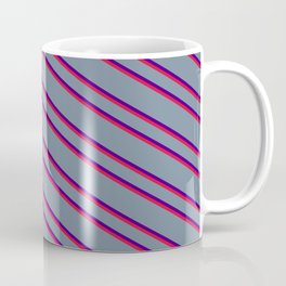 [ Thumbnail: Light Slate Gray, Indigo & Crimson Colored Striped Pattern Coffee Mug ]