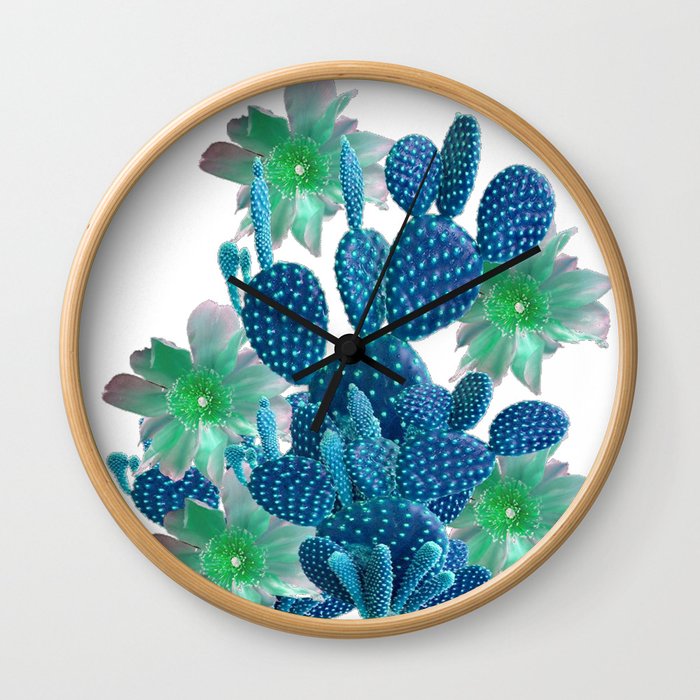SURREAL BLUE PEAR CACTUS & FLOWERS DESERT ART Wall Clock