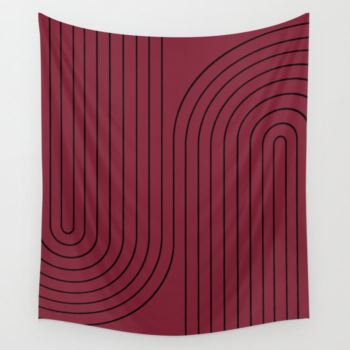 Minimal Line Curvature LXVI Ruby Red Mid Century Modern Arch Abstract Wall Tapestry
