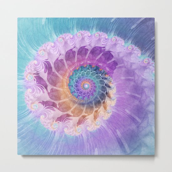 Painted Fractal Spiral in Turquoise, Purple, and Orange Metal Print