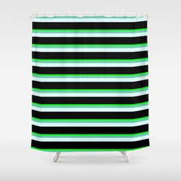 [ Thumbnail: Lime, Aquamarine, Light Cyan, and Black Colored Striped Pattern Shower Curtain ]