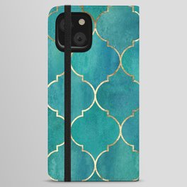 Turquoise Teal Golden Moroccan Quatrefoil Pattern II iPhone Wallet Case