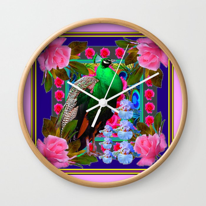 INDIGO PURPLE & PINK ROSES GREEN PEACOCK FLORAL Wall Clock