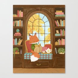 Cozy Autumn Library Fox Canvas Print