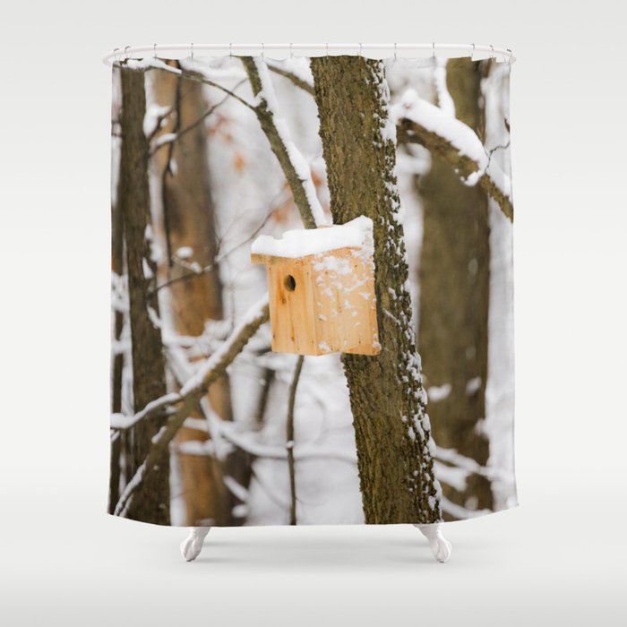 Snowy Birdhouse Shower Curtain By Birdjunker Society6