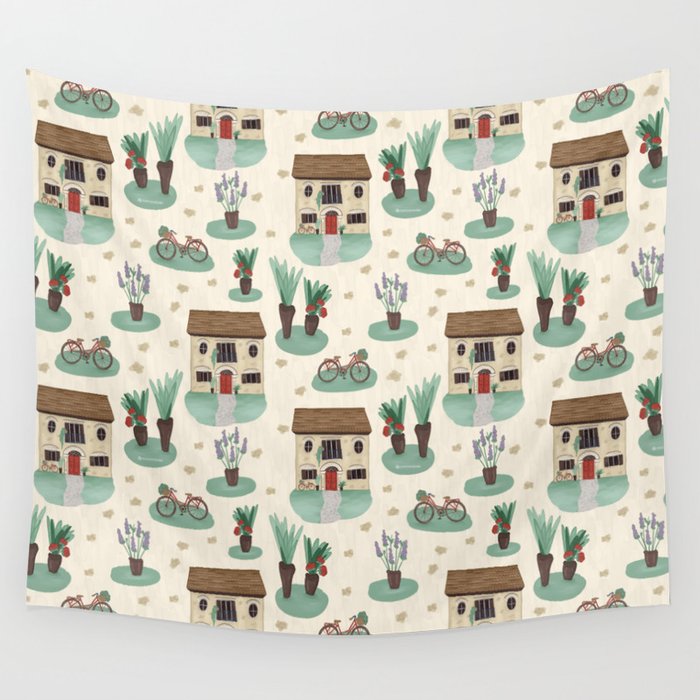 Cute Italian Houses and Floral Bicycles   Wall Tapestry