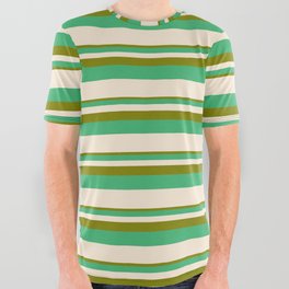 [ Thumbnail: Green, Sea Green, and Beige Colored Lined Pattern All Over Graphic Tee ]