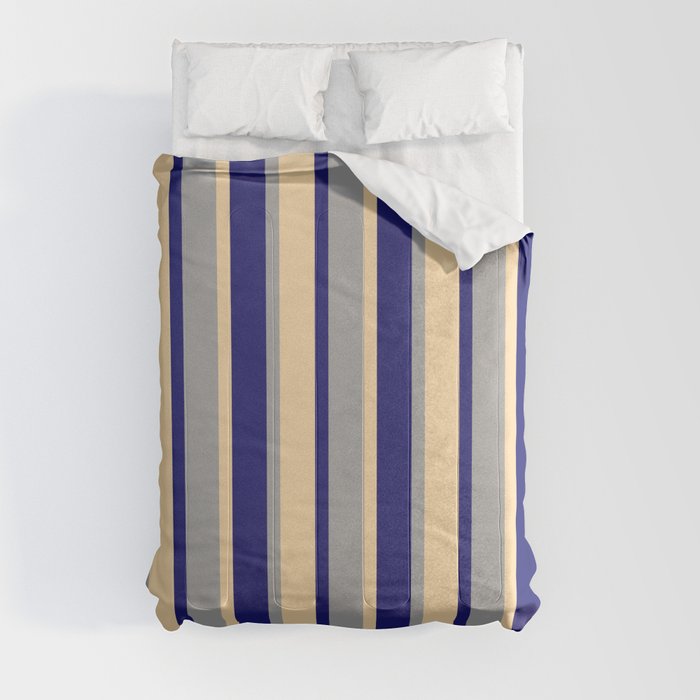 Dark Grey, Midnight Blue & Tan Colored Stripes Pattern Comforter
