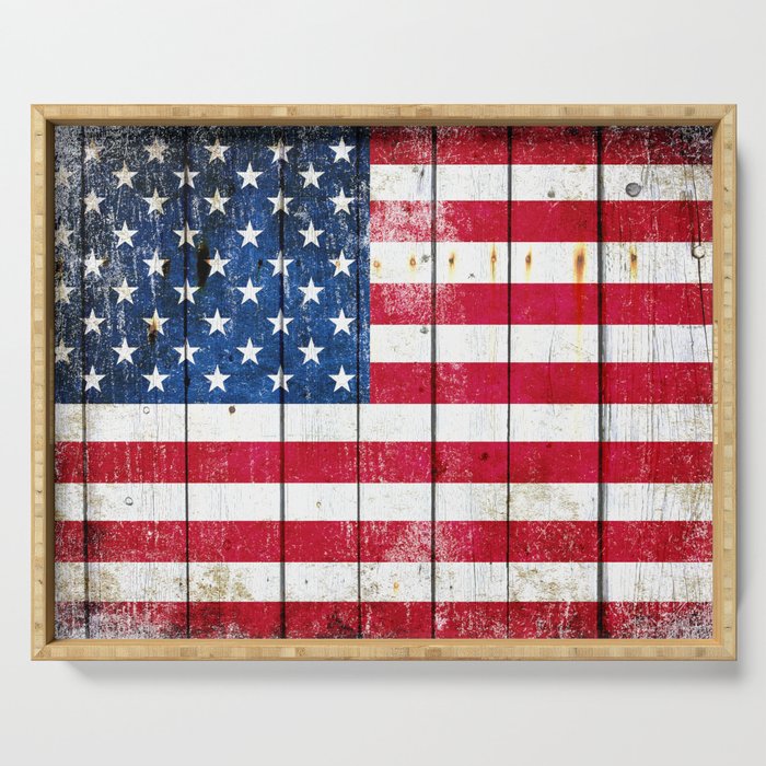 Distressed American Flag On Wood Planks Horizontal Serving Tray