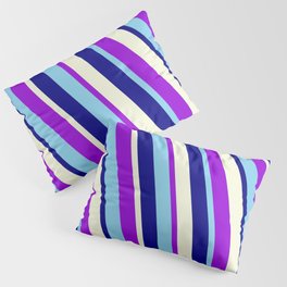 [ Thumbnail: Dark Violet, Sky Blue, Blue & Beige Colored Striped/Lined Pattern Pillow Sham ]