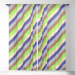 [ Thumbnail: Eyecatching Green, Tan, Blue, Dark Grey, and Brown Colored Lined/Striped Pattern Sheer Curtain ]