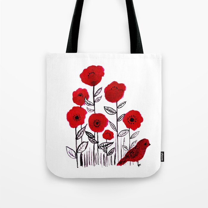 Tall poppies and red bird Tote Bag