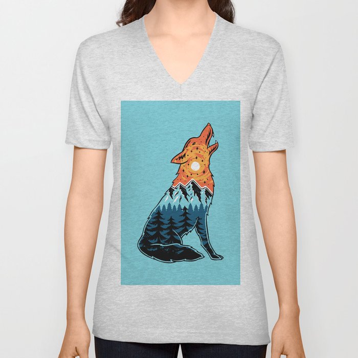 Vector Illustration Howling Wolf Mountain Landscape V Neck T Shirt