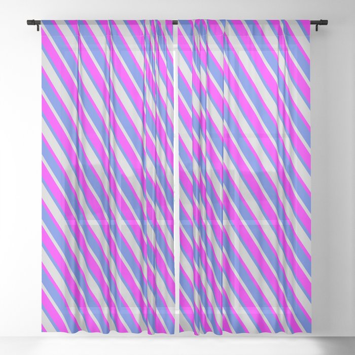 Fuchsia, Royal Blue & Light Gray Colored Lined Pattern Sheer Curtain