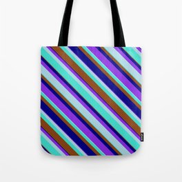 [ Thumbnail: Eyecatching Purple, Light Blue, Turquoise, Brown & Blue Colored Striped Pattern Tote Bag ]