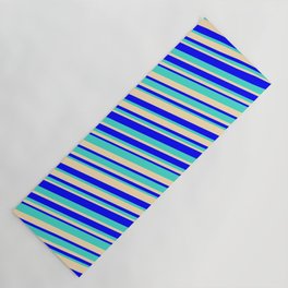 [ Thumbnail: Blue, Turquoise & Beige Colored Striped/Lined Pattern Yoga Mat ]