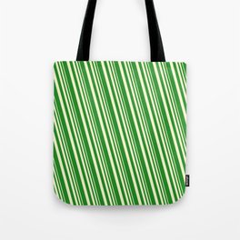 [ Thumbnail: Light Yellow and Forest Green Colored Lines/Stripes Pattern Tote Bag ]