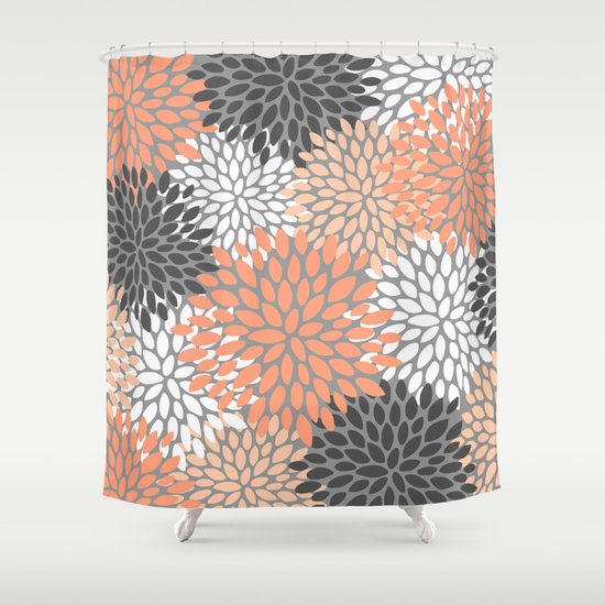 coral and white shower curtain