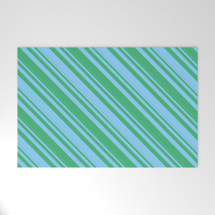 Light Sky Blue & Sea Green Colored Striped/Lined Pattern Welcome Mat