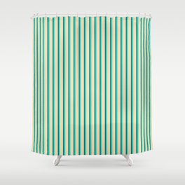 [ Thumbnail: Tan, Turquoise & Teal Colored Striped Pattern Shower Curtain ]