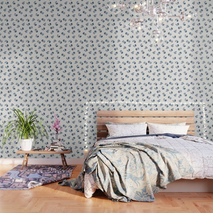 Lino Print Blue Floral Wallpaper By Minnie Moseley Makes Society6