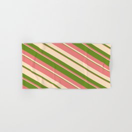 [ Thumbnail: Bisque, Green, and Light Coral Colored Striped/Lined Pattern Hand & Bath Towel ]