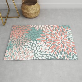 Festive, Floral Prints, Teal and Coral Area & Throw Rug