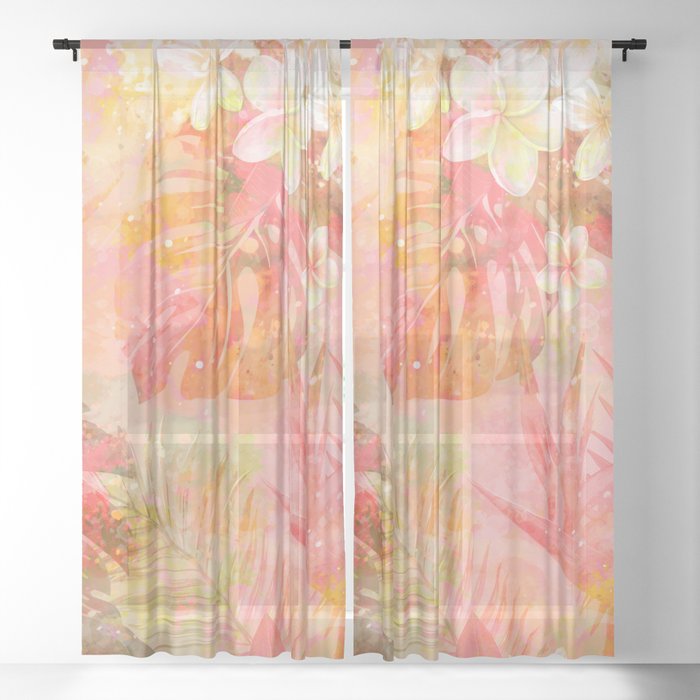 Tropical Pattern in Coral & Green Sheer Curtain