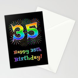 [ Thumbnail: 35th Birthday - Fun Rainbow Spectrum Gradient Pattern Text, Bursting Fireworks Inspired Background Stationery Cards ]