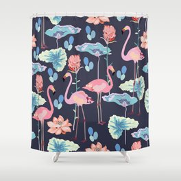 Pink flamingos surrounded by lotus flowers and protea on a violet color background Shower Curtain