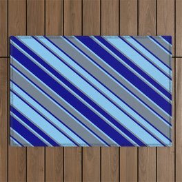 [ Thumbnail: Light Sky Blue, Slate Gray, and Dark Blue Colored Striped/Lined Pattern Outdoor Rug ]