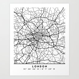 LONDON ENGLAND BLACK CITY STREET MAP ART Art Print