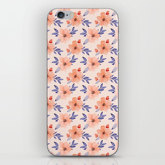 Coral and Blue Floral Print - Handpainted Watercolor Repeat Pattern iPhone Skin