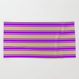 [ Thumbnail: Tan and Dark Violet Colored Lined/Striped Pattern Beach Towel ]