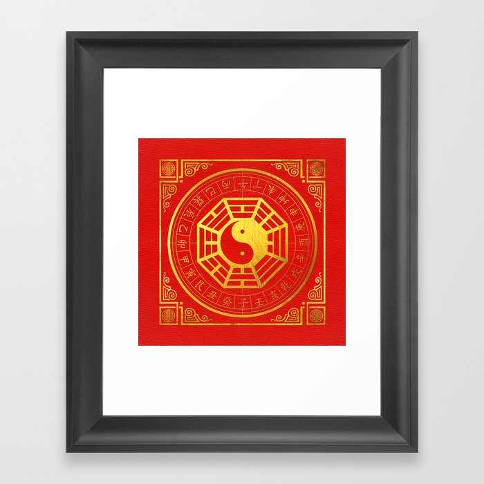 Golden Bagua Feng Shui Symbol on Faux Leather Framed Art Print