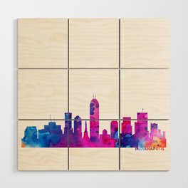Indianapolis Skyline Watercolor Blue Orange Pink Purple Green Cityscape Indianapolis Indiana US Wood Wall Art