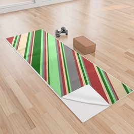 [ Thumbnail: Eyecatching Grey, Green, Dark Green, Beige, and Red Colored Lines Pattern Yoga Towel ]