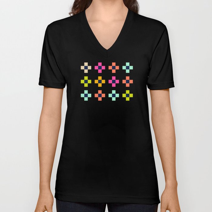 Pixel art - bright multi-coloured cross check on navy blue V Neck T Shirt