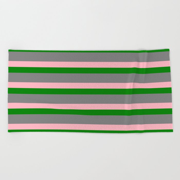 Gray, Light Pink & Green Colored Lines/Stripes Pattern Beach Towel