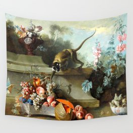 Still life is wonderful with monkey-fruits-flowers Wall Tapestry