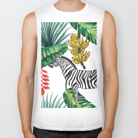 watercolor banana leaves with zebra Biker Tank