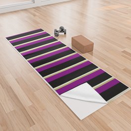 [ Thumbnail: Beige, Dark Khaki, Purple & Black Colored Stripes Pattern Yoga Towel ]