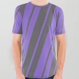 [ Thumbnail: Purple and Dim Grey Colored Pattern of Stripes All Over Graphic Tee ]