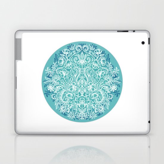 Spring Arrangement - teal & white floral doodle Laptop & iPad Skin