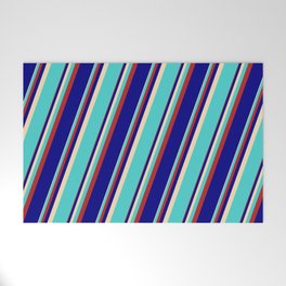 [ Thumbnail: Tan, Turquoise, Red & Blue Colored Lined Pattern Welcome Mat ]