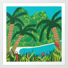Tropical Island Getaway Art Print | Holiday, Water, Exotic, Mountain, Surf, Nature, Digital, Painting, Illustration, Palm 