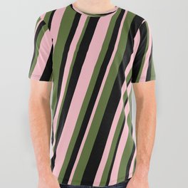 [ Thumbnail: Pink, Dark Olive Green & Black Colored Stripes Pattern All Over Graphic Tee ]