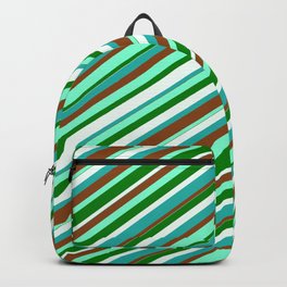 [ Thumbnail: Colorful Light Sea Green, Brown, Aquamarine, Green & Mint Cream Colored Lined/Striped Pattern Backpack ]
