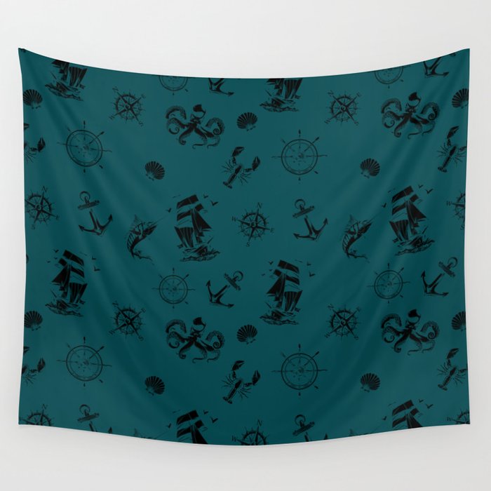 Teal Blue And Black Silhouettes Of Vintage Nautical Pattern Wall Tapestry